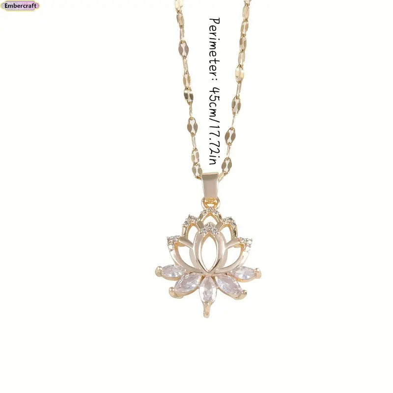 Women's Golden Lotus Pendant Necklace, Cubic Zirconia Flower Jewelry, Simple and Exquisite Women's Accessory