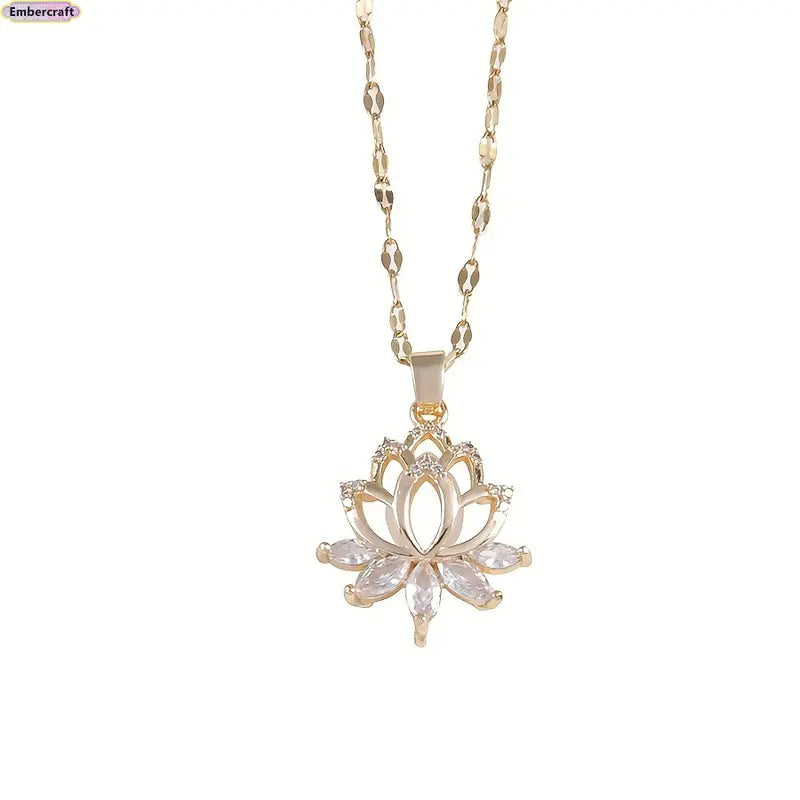 Women's Golden Lotus Pendant Necklace, Cubic Zirconia Flower Jewelry, Simple and Exquisite Women's Accessory